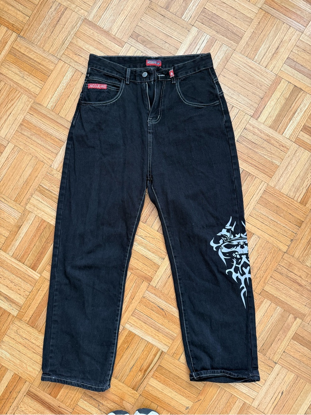 JNCO-Style Black Relaxed Jeans with Light Gray Tribal Side Graphic